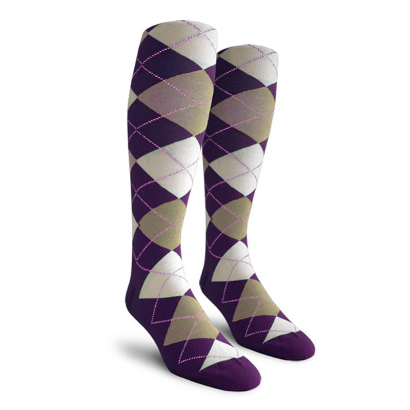 Mens Over the Calf Argyle Socks Purple, Taupe and White