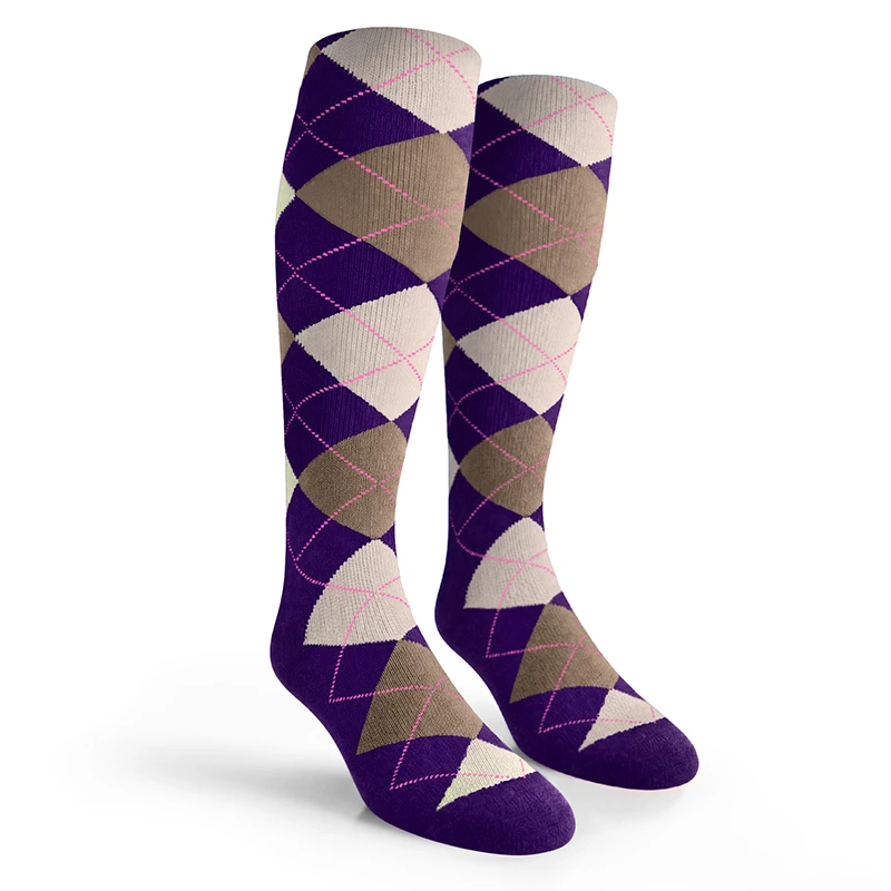 Argyle Socks - Mens Over-the-Calf - ZZZ: Purple/Taupe/White