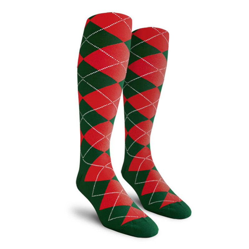 Mens Over the Calf Argyle Socks Dark Green and Red