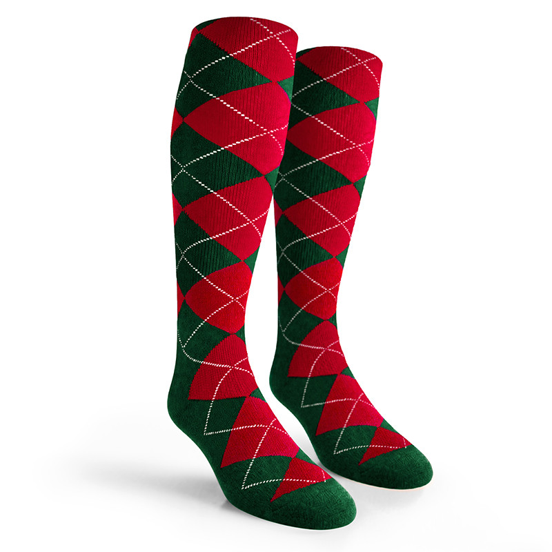 Argyle Socks - Mens Over-the-Calf - WW: Dark Green/Red