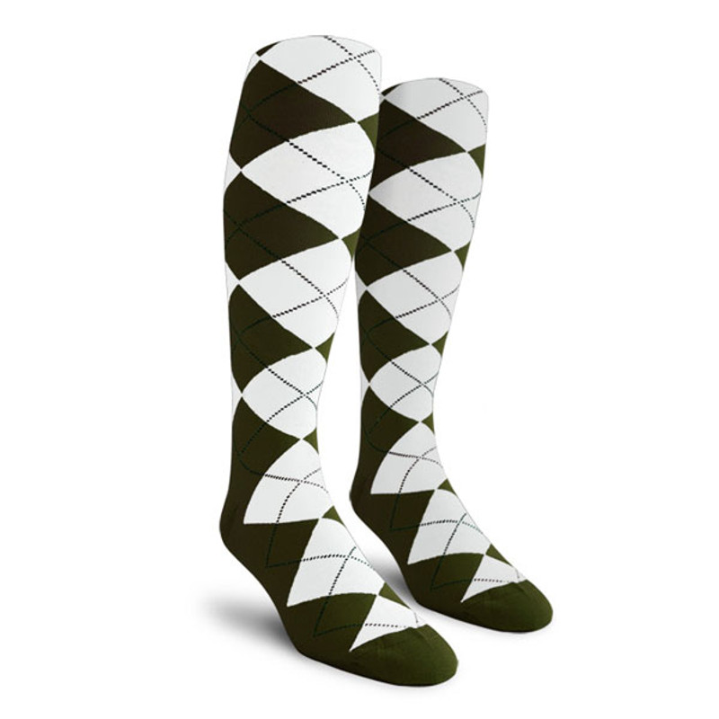 Mens Over the Calf Argyle Socks Olive Green and White