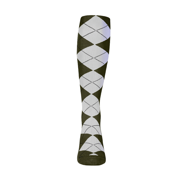Mens Over the Calf Argyle Sock Olive Green and White 360 View
