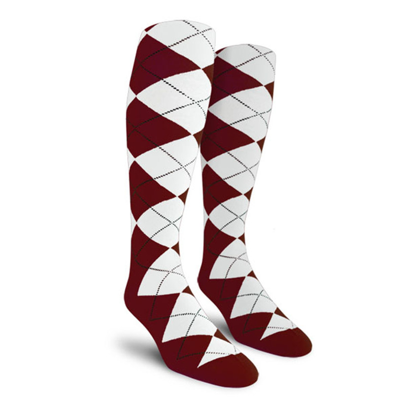 Mens Over the Calf Argyle Socks Maroon and White