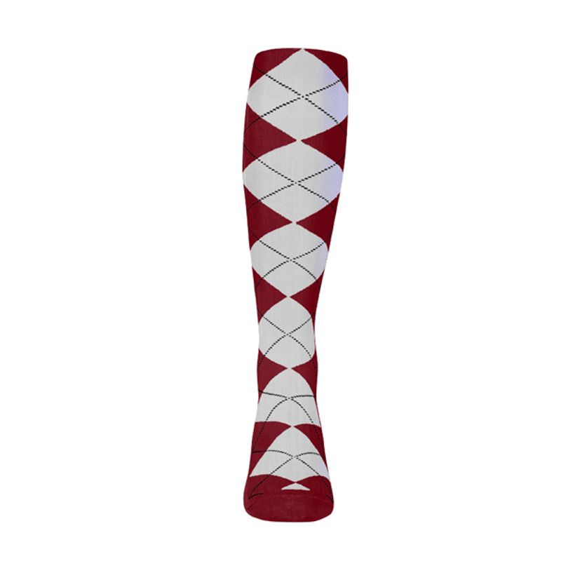 Mens Over the Calf Argyle Sock Maroon and White 360 View