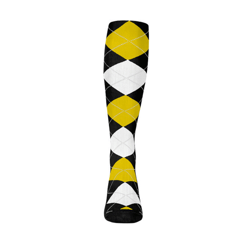 Youth Over the Calf Argyle Sock Black, Yellow and White 360 View
