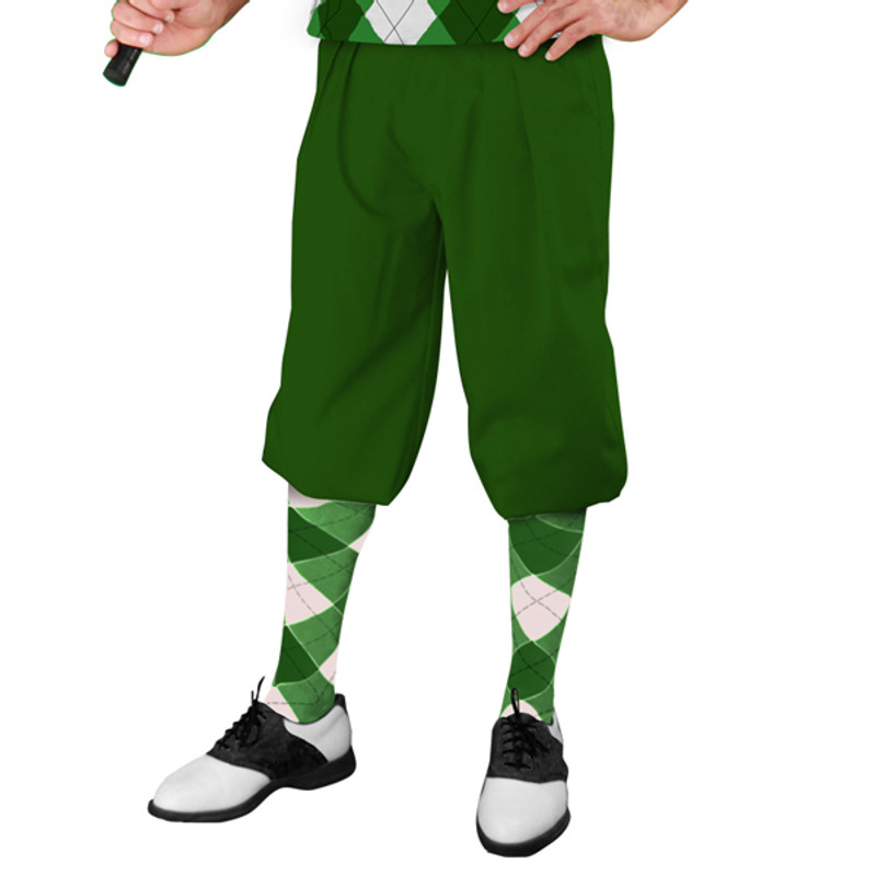 Mens Outdoor Sports Dark Green Microfiber Golf Knickers with Lime Green, Dark Green and White Argyle Socks