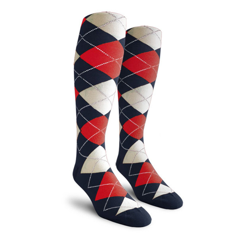 Mens Over the Calf Argyle Socks Navy, Red and White