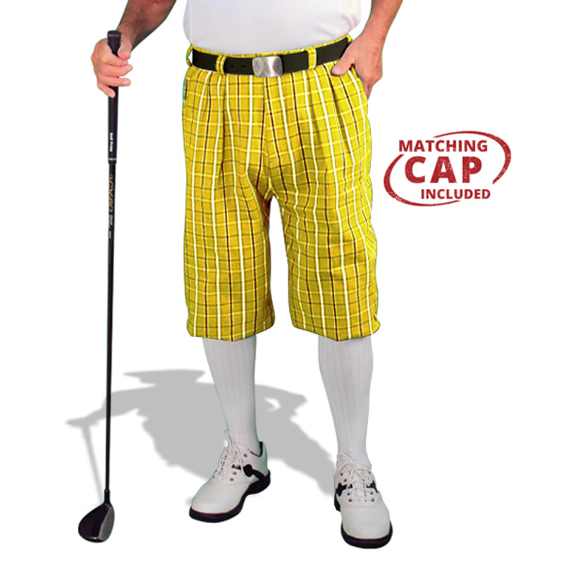 Mens Outdoor Sports Yellow Limited Plaid Golf Knickers Front with White Socks and Shirt