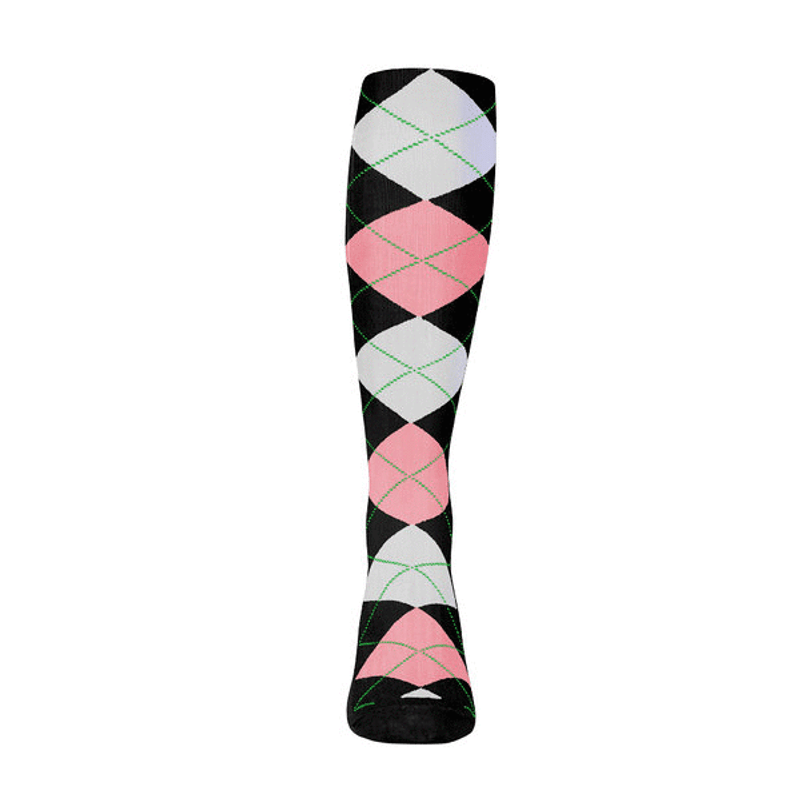 Mens Over the Calf Argyle Sock Black, Pink and White 360 View