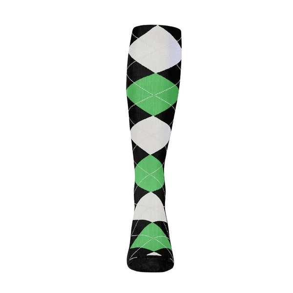 Youth Over the Calf Argyle Sock Black, Lime Green and White 360 View