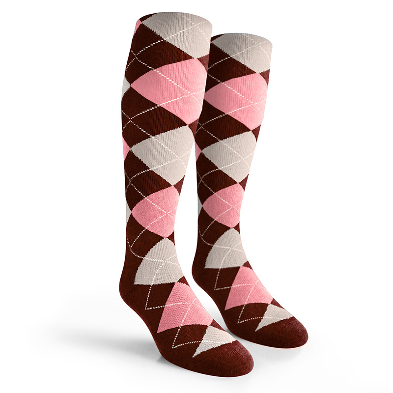 Argyle Socks - Mens Over-the-Calf - AAAA: Brown/Pink/White