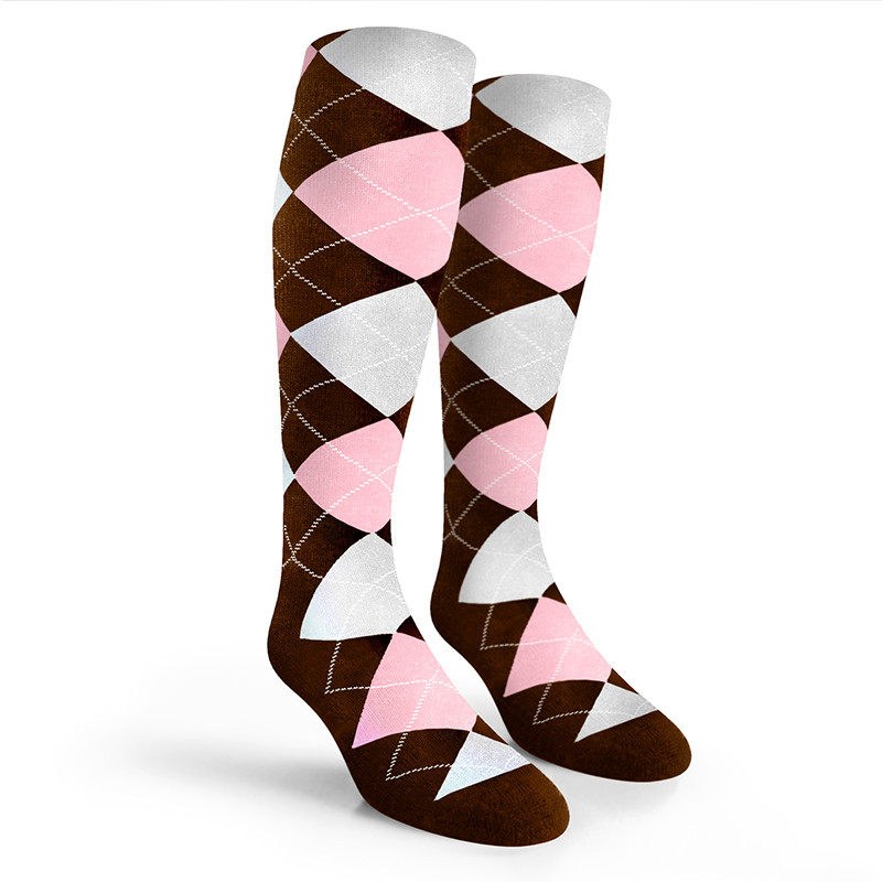 Argyle Socks - Mens Over-the-Calf - AAAA: Brown/Pink/White