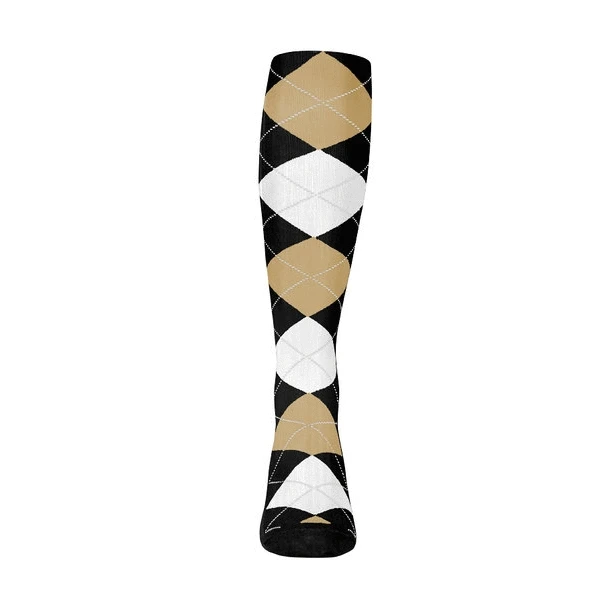 Mens Over the Calf Argyle Sock Black, Khaki and White 360 View