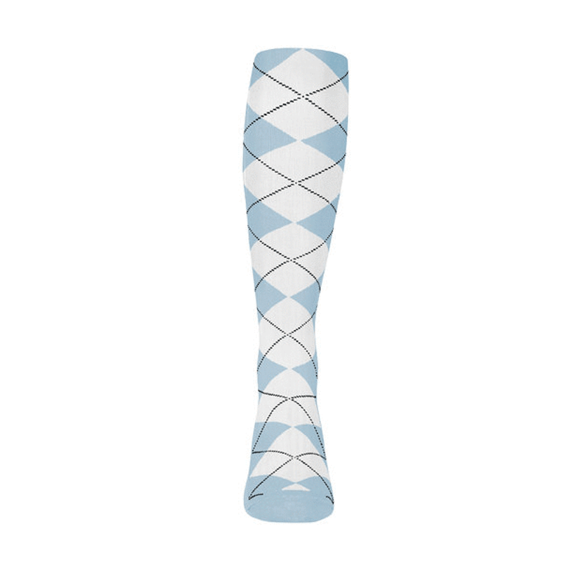 Ladies Over the Calf Argyle Sock Light Blue and White 360 View