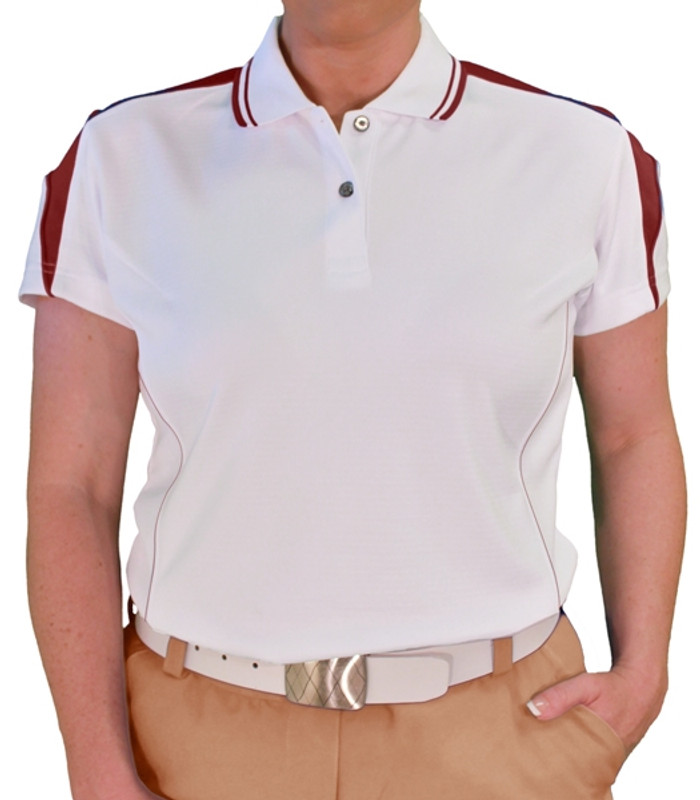 Ladies Sports Microfiber Duel Tone Wedge White and Maroon Shirt Front