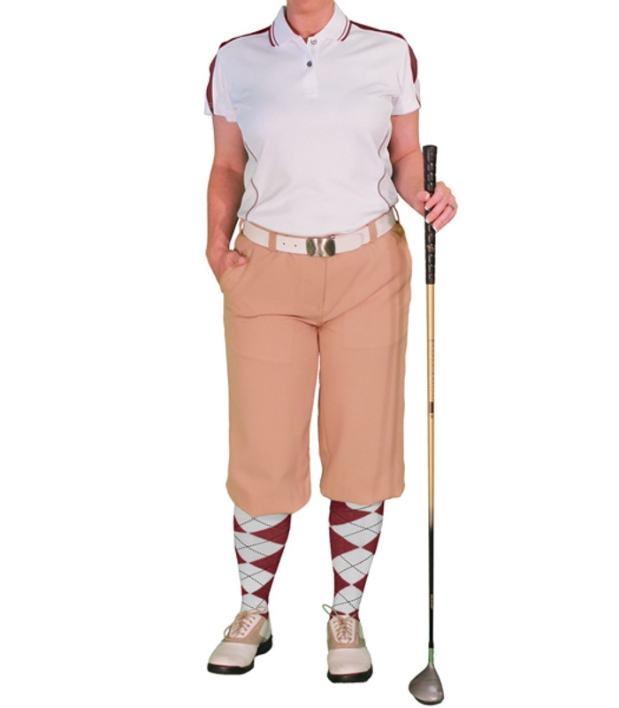 Ladies Sports Microfiber Duel Tone Wedge White and Maroon Shirt with Khaki Golf Knickers and Maroon and White Argyle Socks