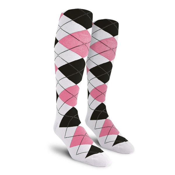 Ladies Over the Calf Argyle Socks White, Pink and Black