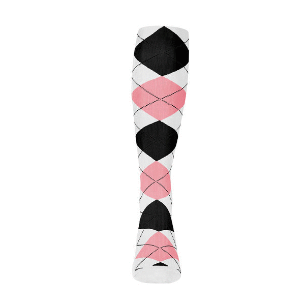 Ladies Over the Calf Argyle Sock White, Pink and Black 360 View