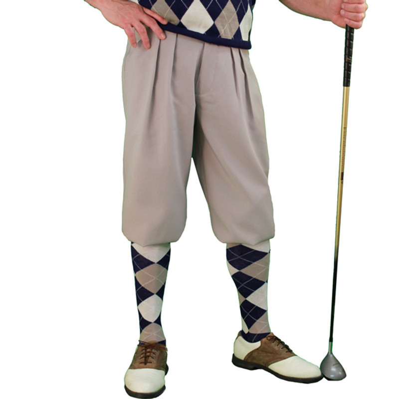 Mens Taupe Microfiber Golf Knickers with Navy Blue, Taupe and White Argyle Socks
