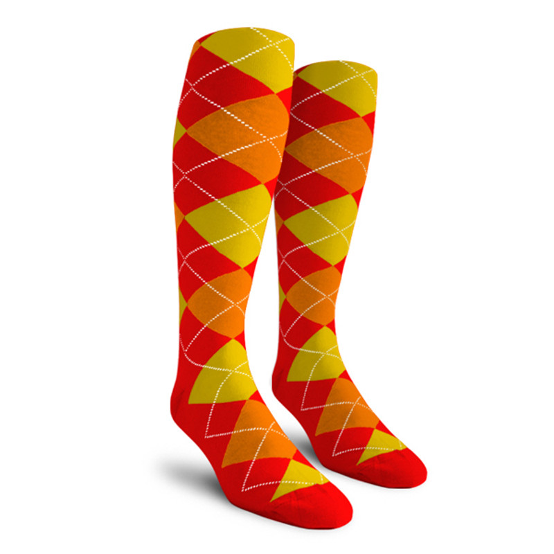 Ladies Over the Calf Argyle Socks Red, Orange and Yellow