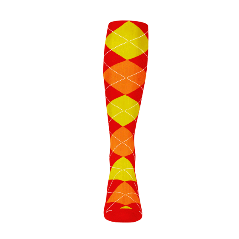 Ladies Over the Calf Argyle Sock Red, Orange and Yellow 360 View