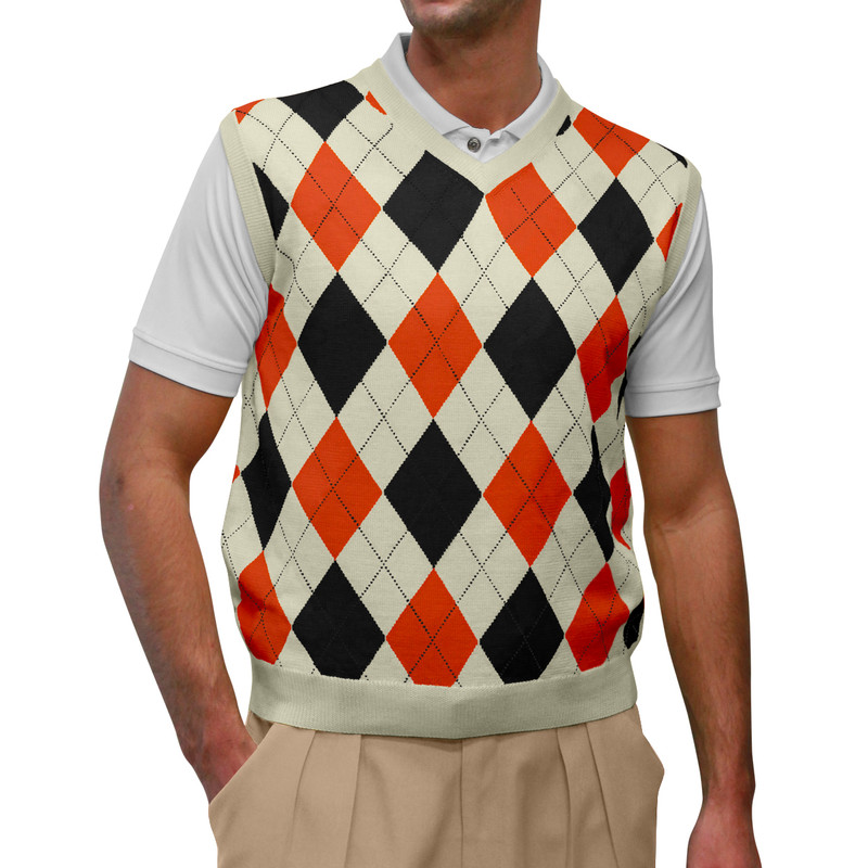 Argyle Golf Sweater Vest | Natural/Black/Orange | Mens