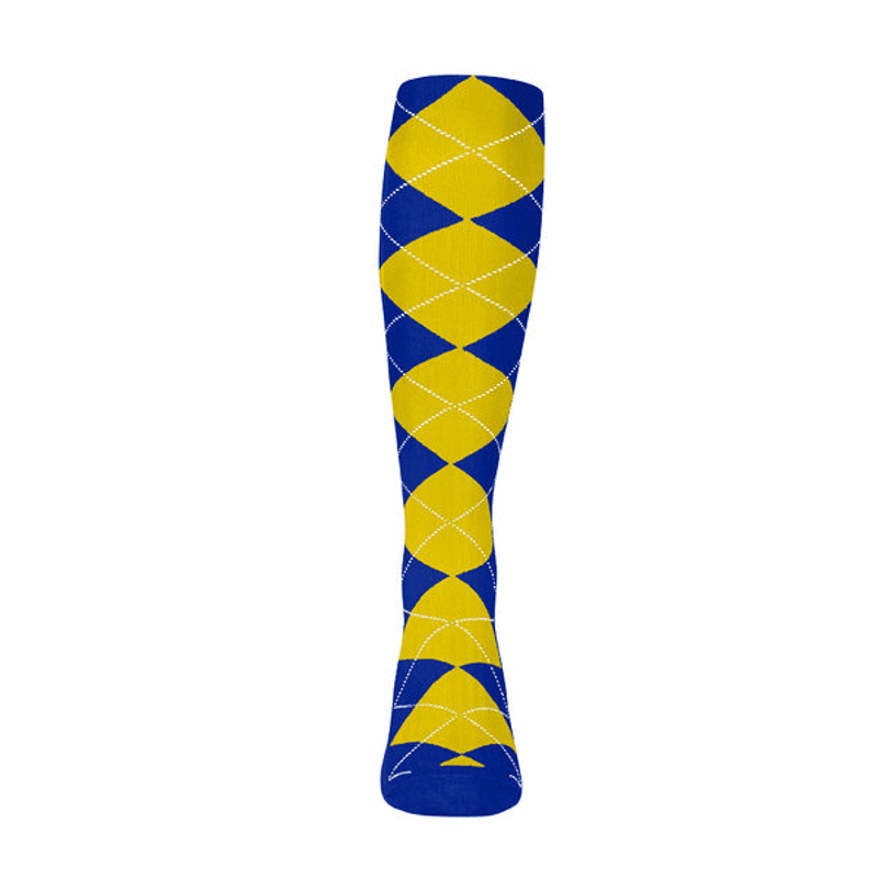 Mens Over the Calf Argyle Sock Royal and Yellow 360 View