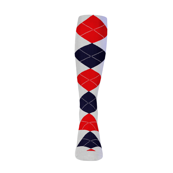 Ladies Over the Calf Argyle Sock White, Navy and Red 360 View