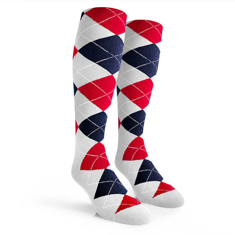 Ladies Over the Calf Argyle Socks White, Navy and Red