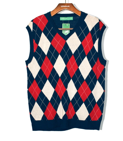 Mens Argyle Sweater Vest Navy Blue, Red and White