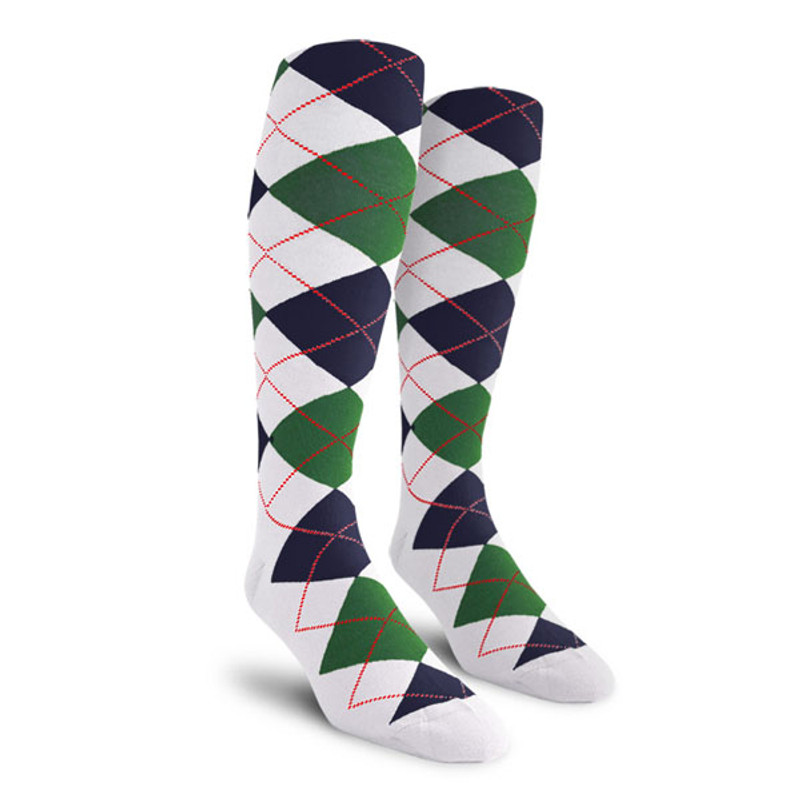 Mens Over the Calf Argyle Socks White, Dark Green and Navy