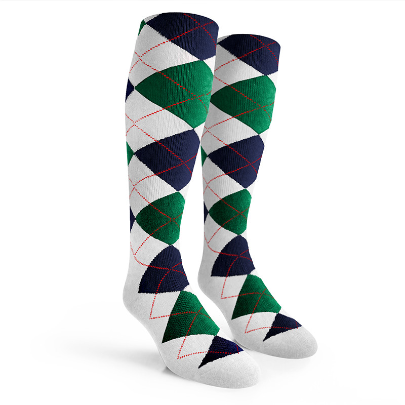 Argyle Socks - Mens Over-the-Calf - JJJ: White/Dark Green/Navy