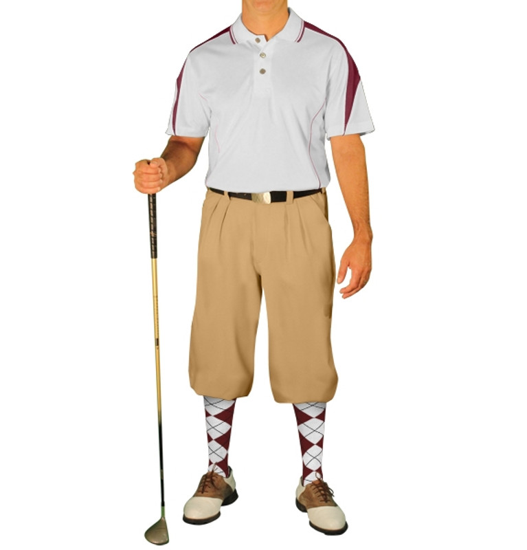 Mens Sports Microfiber Duel Tone Wedge White and Maroon Shirt with Khaki Golf Knickers and Maroon and White Argyle Socks