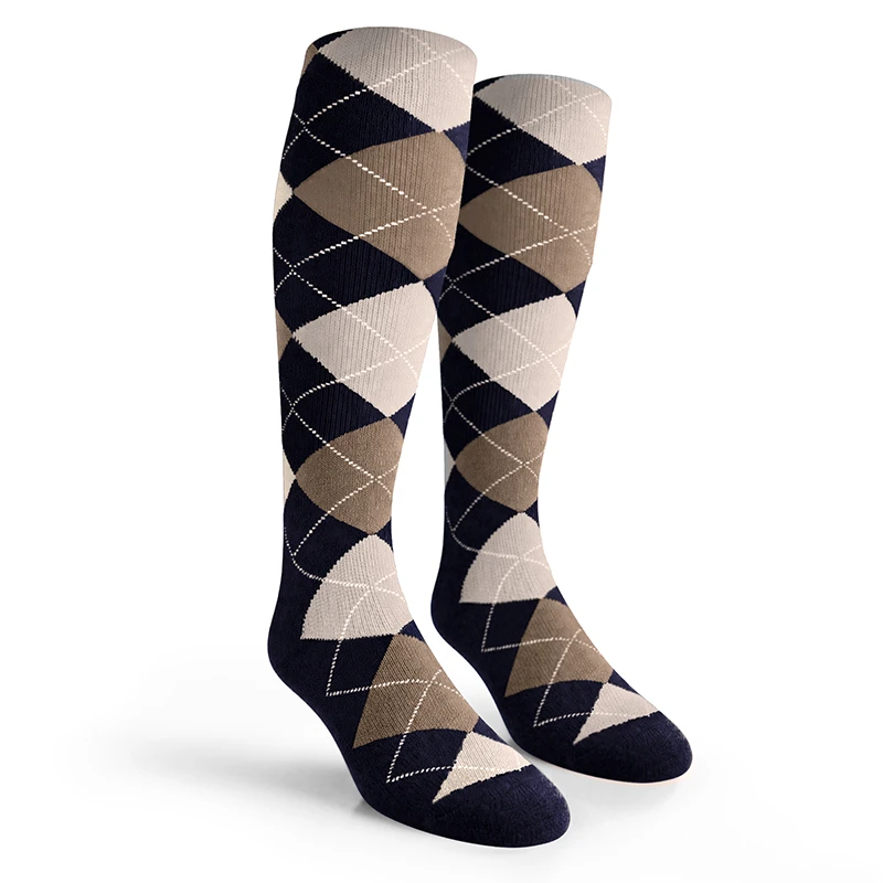 Argyle Socks - Mens Over-the-Calf -  FFFF: Navy/Taupe/White