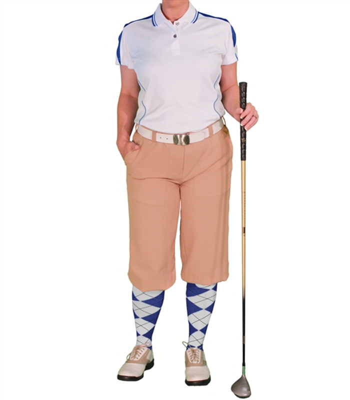 Ladies Sports Microfiber Duel Tone Wedge White and Royal Blue Shirt with Khaki Golf Knickers and Royal Blue and White Argyle socks