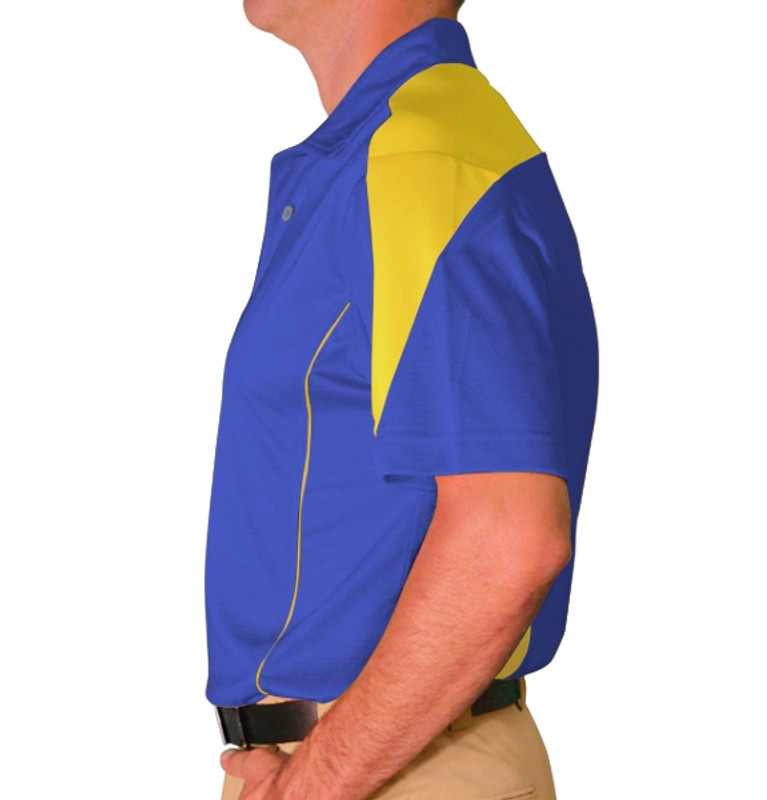 Mens Sports Microfiber Duel Tone Caddie Royal Blue and Yellow Shirt Side