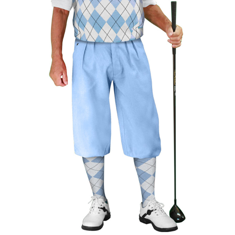 Mens Outdoor Sports Light Blue Microfiber Golf Knickers with Light Blue and White Argyle Socks
