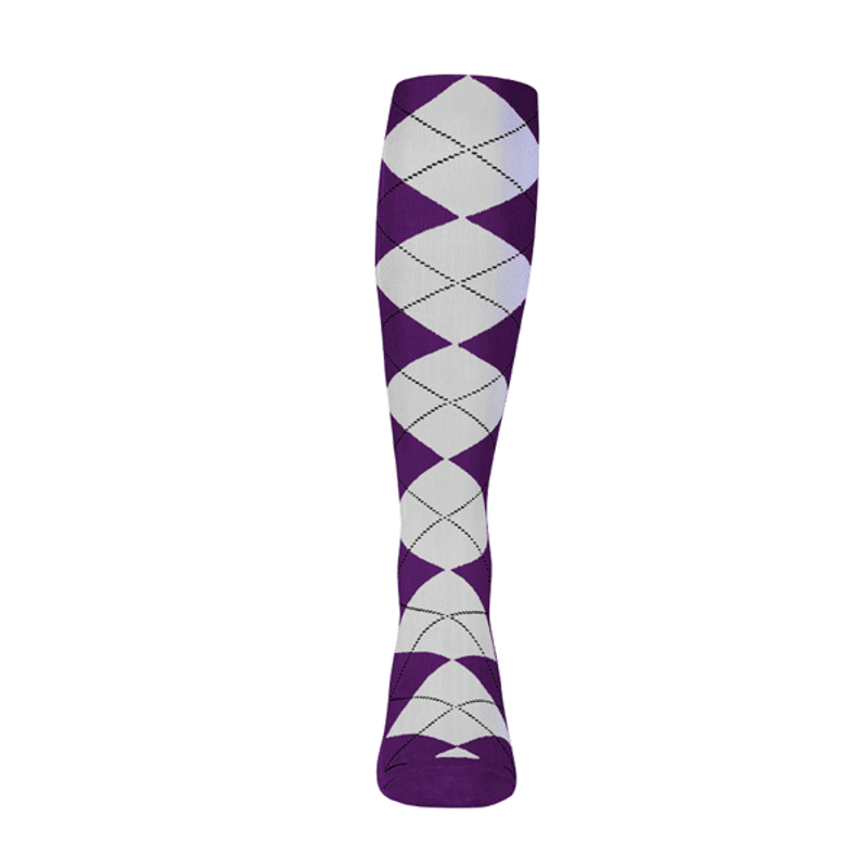 Mens Over the Calf Argyle Sock Purple and White 360 View