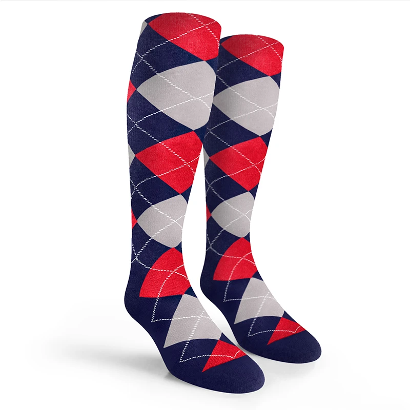 Argyle Socks - Mens Over-the-Calf - V: Navy/Taupe/Red