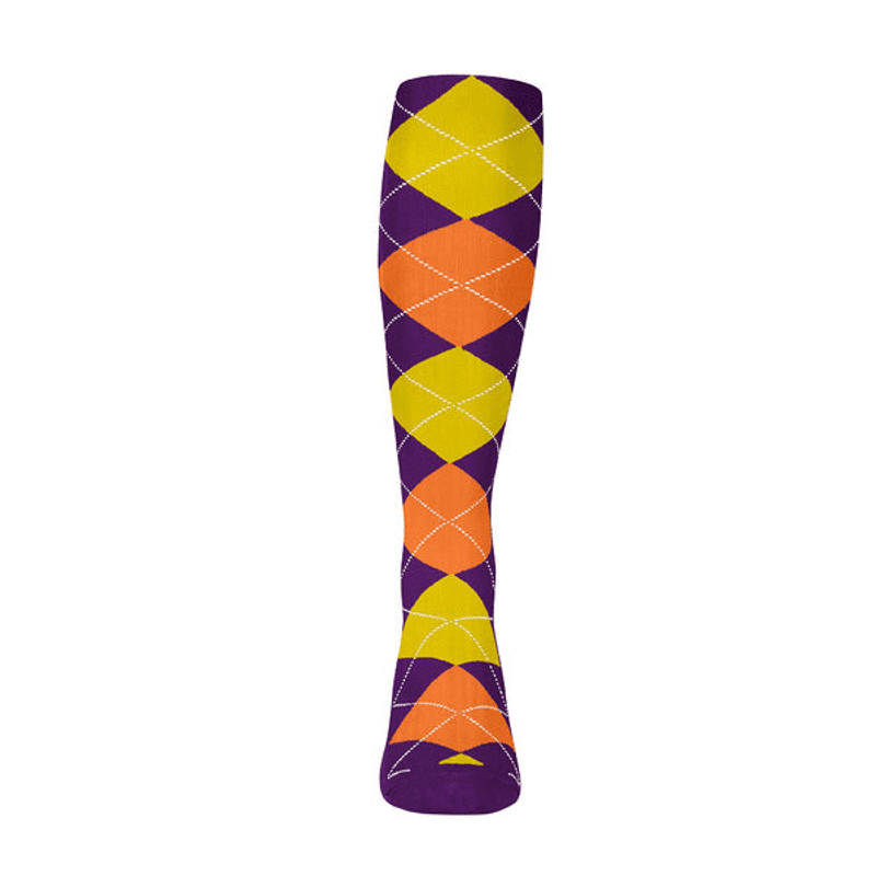 Youth Over the Calf Argyle Sock Purple, Orange and Yellow 360 View