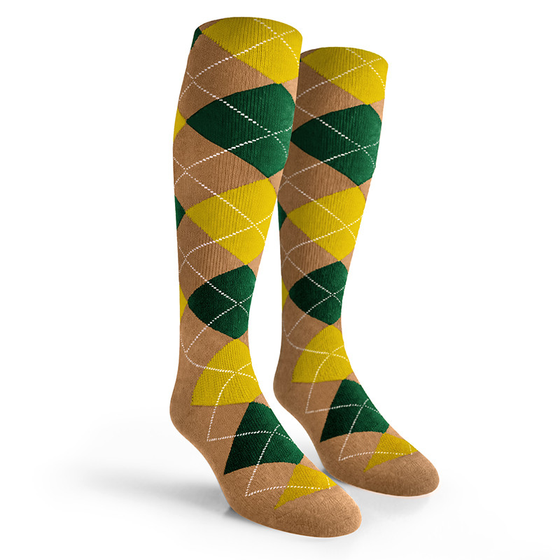 Argyle Socks - Mens Over-the-Calf - KKK: Khaki/Dark Green/Yellow