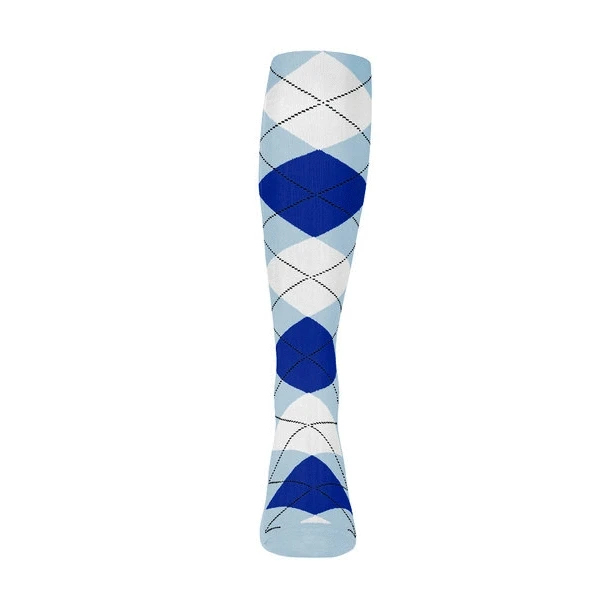 Youth Over the Calf Argyle Sock Light Blue, Royal and White 360 View