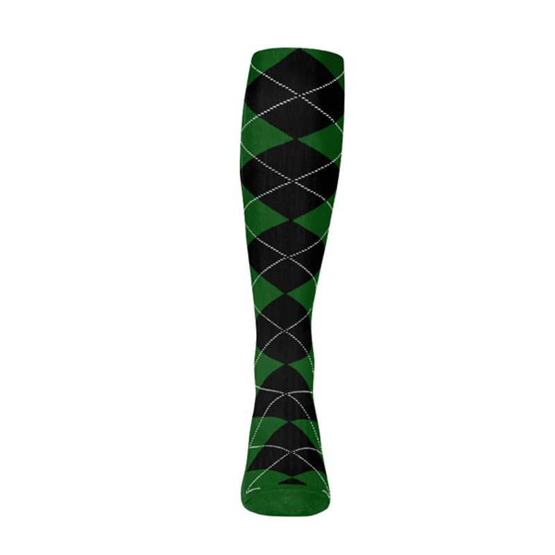 Mens Over the Calf Argyle Sock Black and Dark Green 360 View