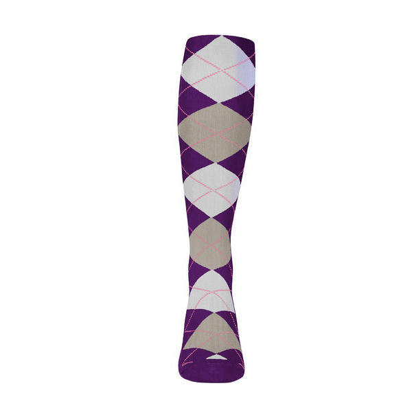 Youth Over the Calf Argyle Sock Purple, Taupe and White 360 View