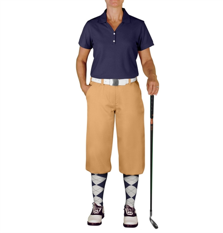 Ladies Sport Clubhouse Cotton Solid Navy Blue Golf Shirt with Khaki Knickers and Navy Blue and White Argyle Socks