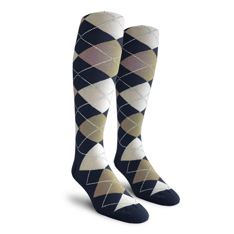 Ladies Over the Calf Argyle Socks Navy, Taupe and White