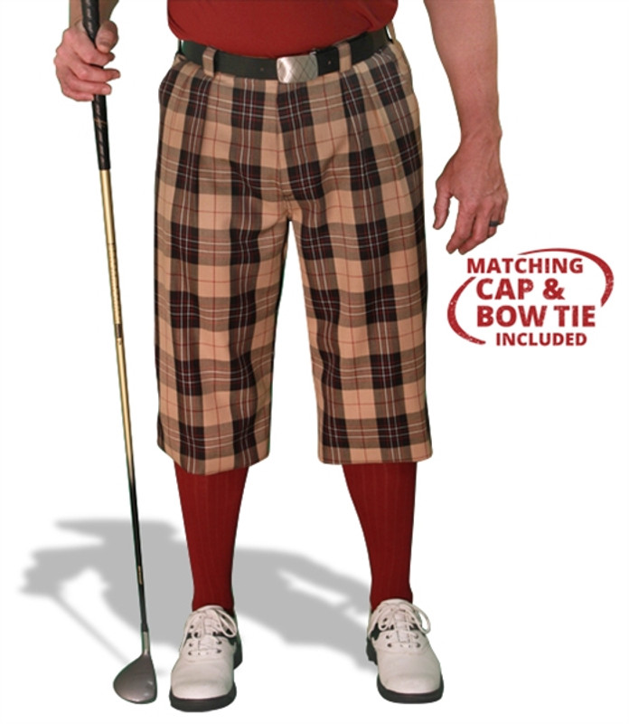 Mens Outdoor Sports Amsterdam Plaid Golf Knickers Front with Red Socks and Shirt