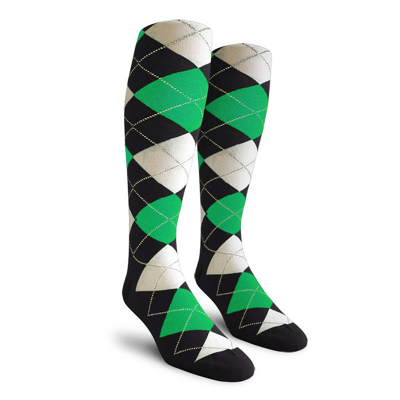 Mens Over the Calf Argyle Socks Black, Lime Green and White