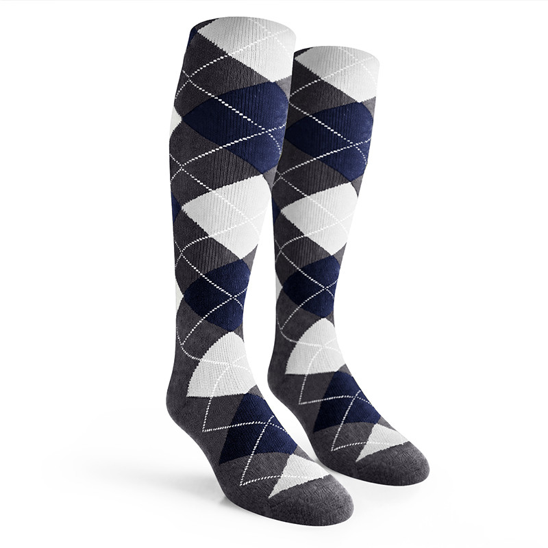 Ladies Over the Calf Argyle Socks Charcoal, Navy and White