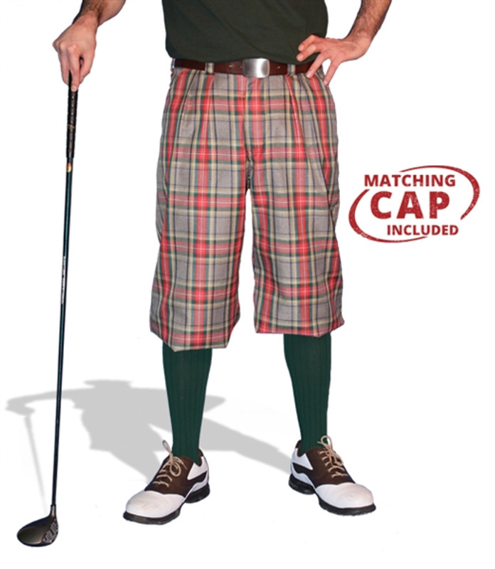 Mens Outdoor Sports Lumberjack Plaid Golf Knickers Front with Dark Green Socks and Shirt